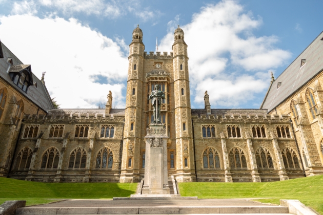 Malvern College, Worcestershire front college view with fountain