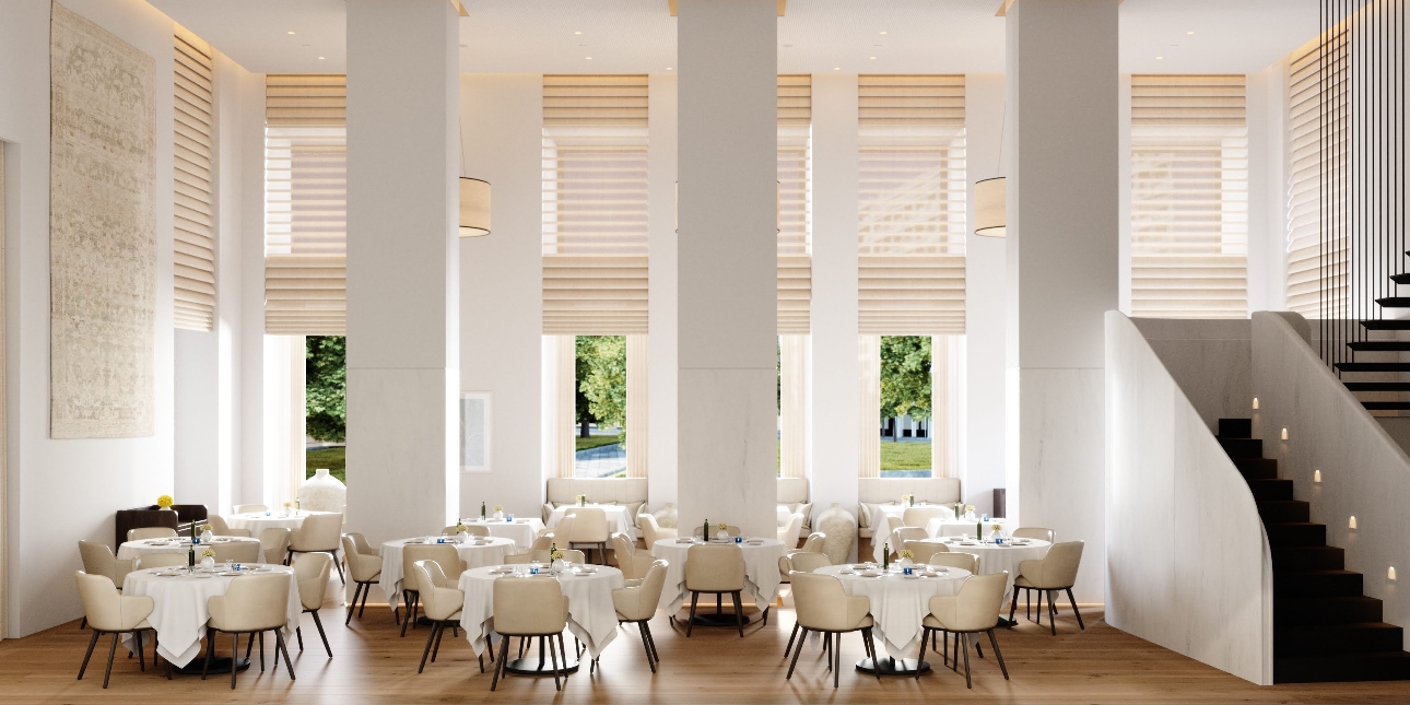 elegant dining area with high ceilings, grand pillars, leather cream chairs 