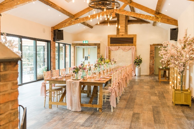 Wedding breakfast set up inside Bennetts Willow Barn