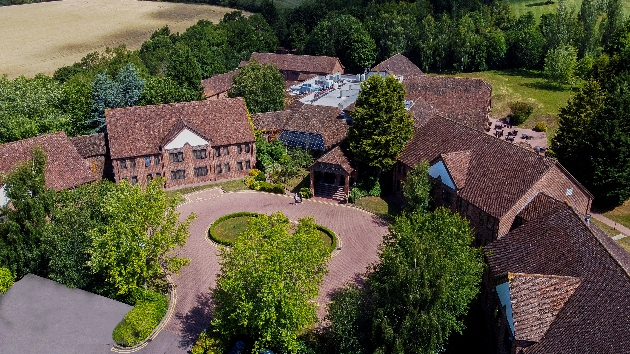 A birds eye view of several large brown buildings