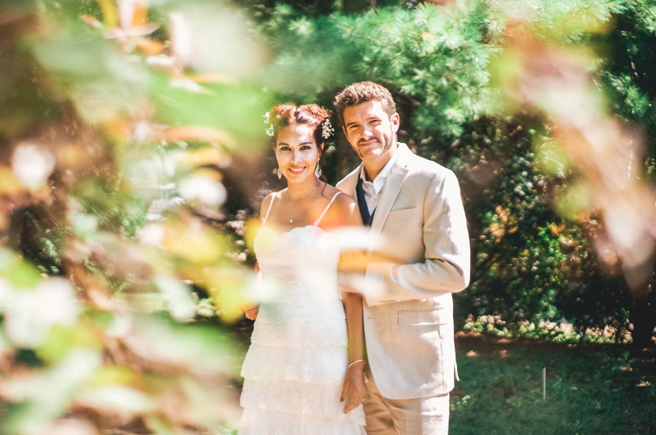 couple in summer wedding attire on a sunny day 